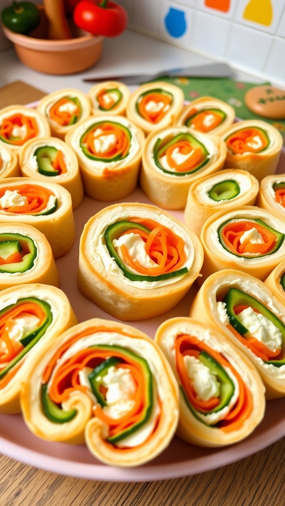 A vibrant platter of cheesy veggie pinwheels with colorful vegetables and cream cheese filling.